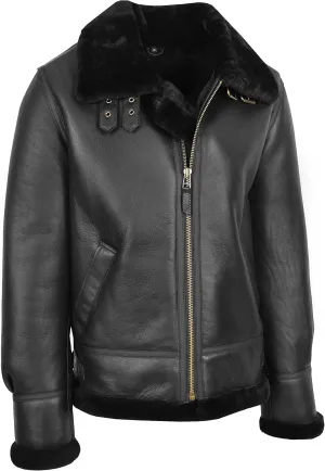 Mens Flying Leather Jacket Real Sheepskin B3 Bomber Aviator Black Shearling Coat Colter