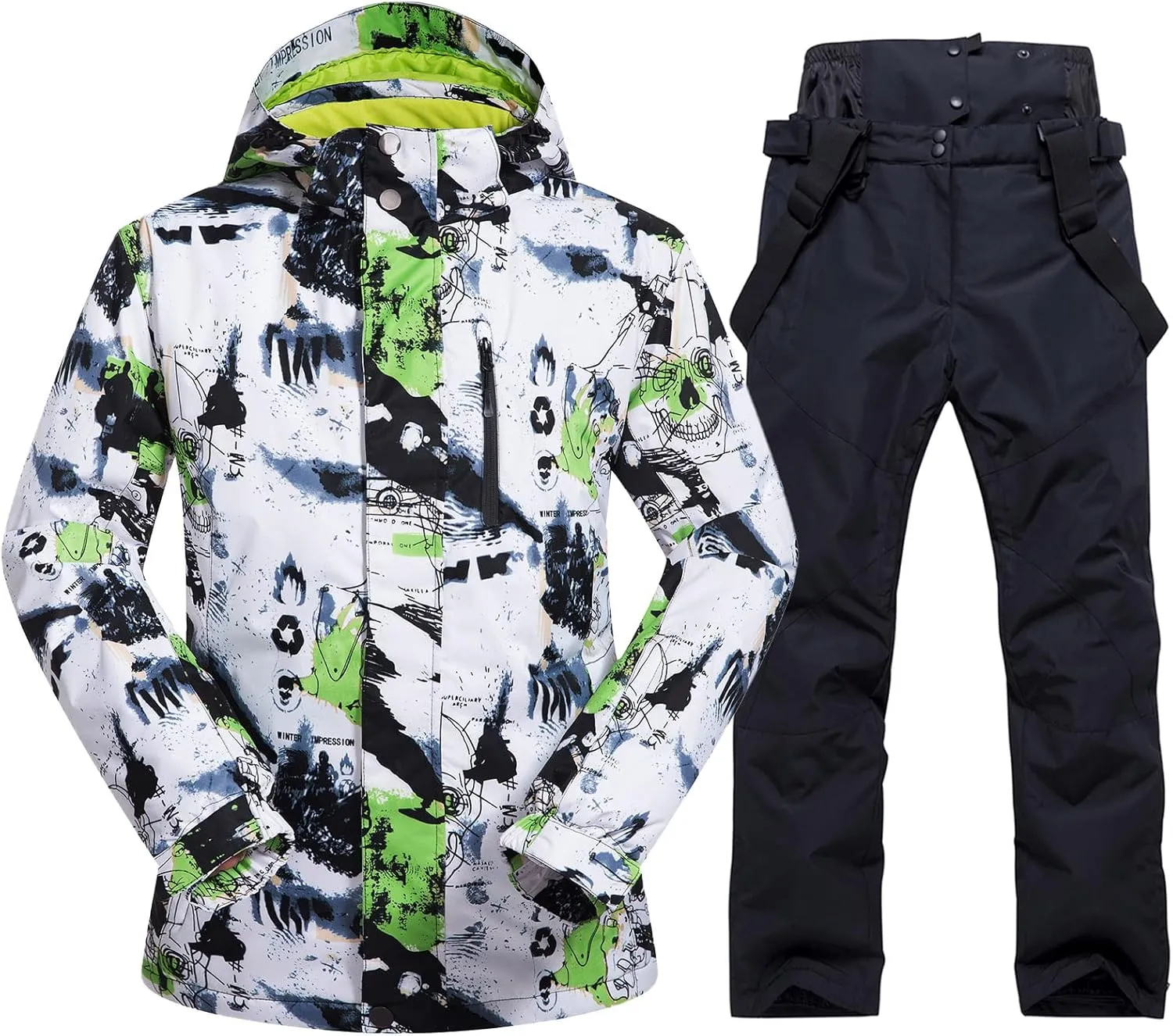 Mens Ski Jacket and Pants Set Ski Suit Winter Waterproof Windproof Hooded Snow Coat 2 Pieces Snowboarding Snowsuits