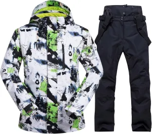 Mens Ski Jacket and Pants Set Ski Suit Winter Waterproof Windproof Hooded Snow Coat 2 Pieces Snowboarding Snowsuits