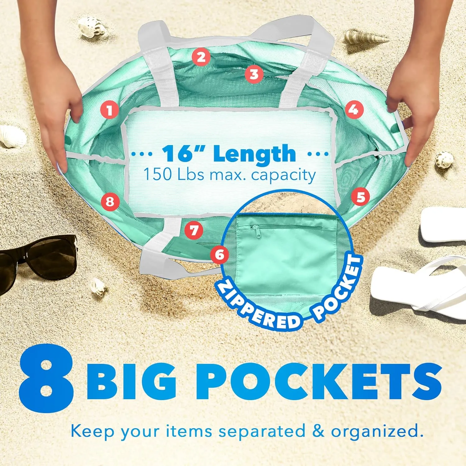 Mesh Sand Free Bag - Strong Lightweight Bag For Beach & Vacation Essentials. Tons of Storage!