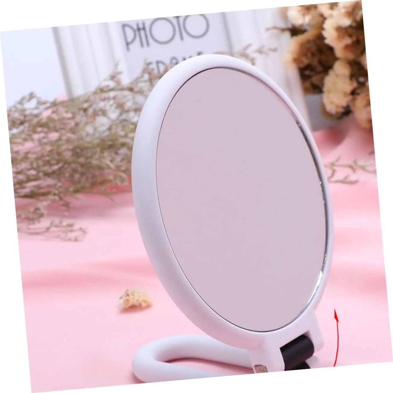 Mikinona Double-sided 5X Magnifying Makeup Mirror Dresser Mirror Foldable Cosmetic Mirror Foldable Beauty Mirror Desktop Mirror Mini Mirror Compact White Girl Delicate Abs Handle Mirror