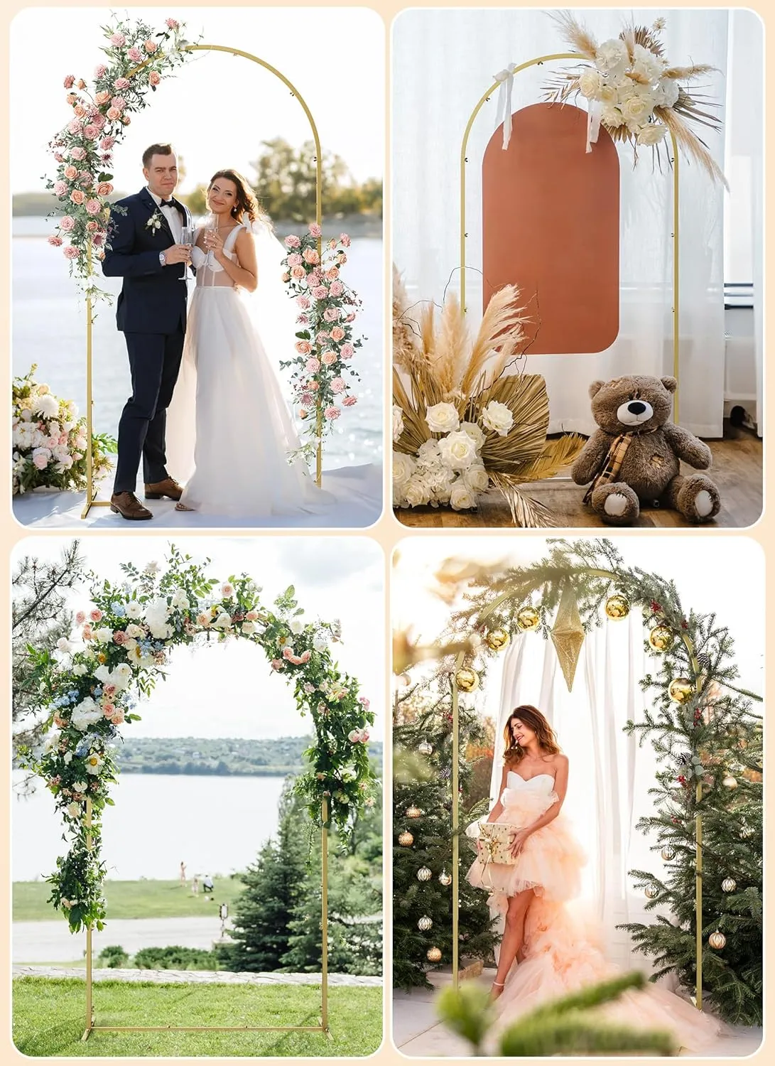 Minetom 7.2FT Metal Backdrop Stand with Wedding Arch Cover Spandex, Balloon Arch Backdrop Stand Square Frame for Birthday Party, Baby Shower, Graduation Ceremony Decoration, Beige