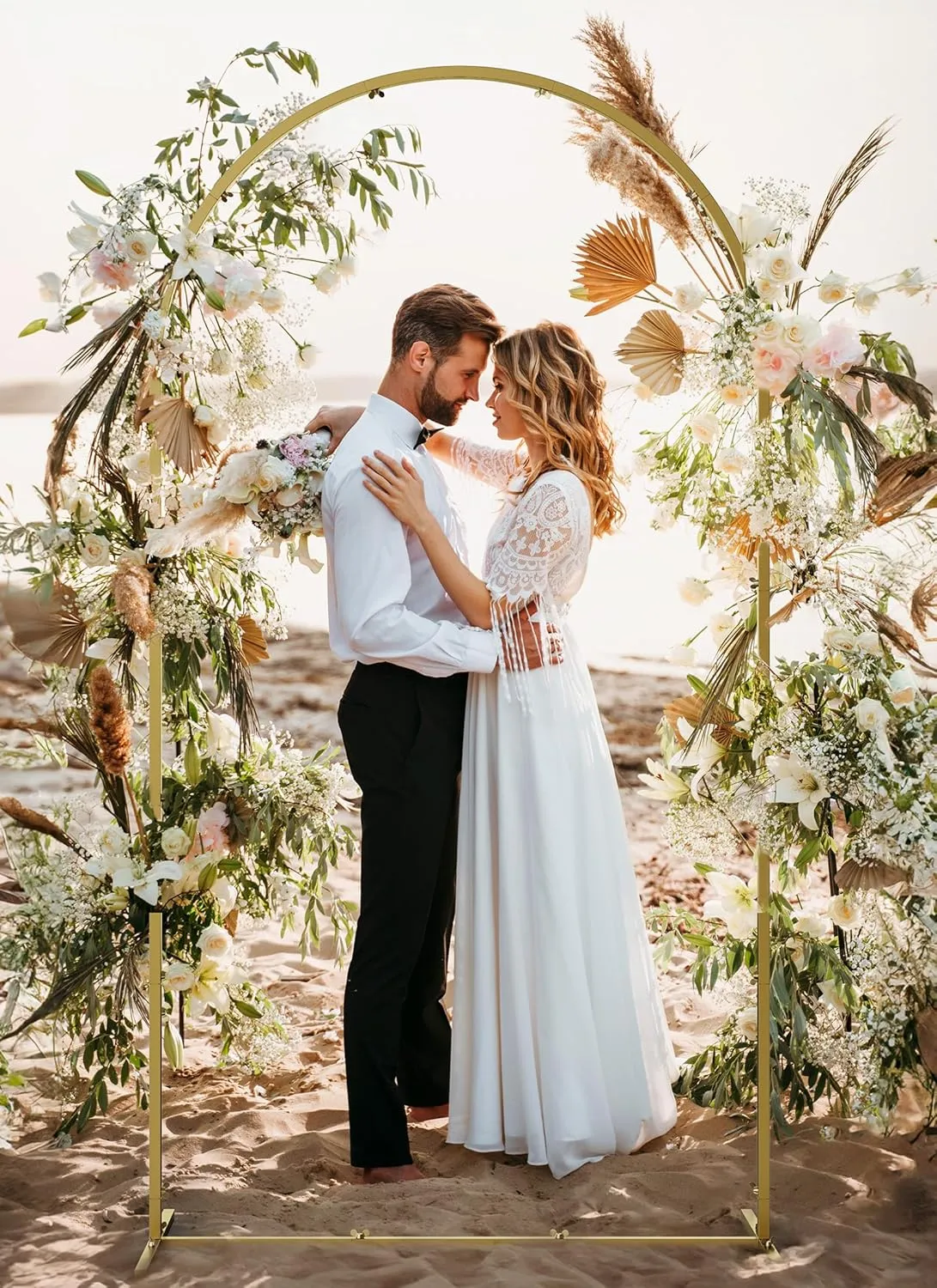 Minetom 7.2FT Metal Backdrop Stand with Wedding Arch Cover Spandex, Balloon Arch Backdrop Stand Square Frame for Birthday Party, Baby Shower, Graduation Ceremony Decoration, Beige