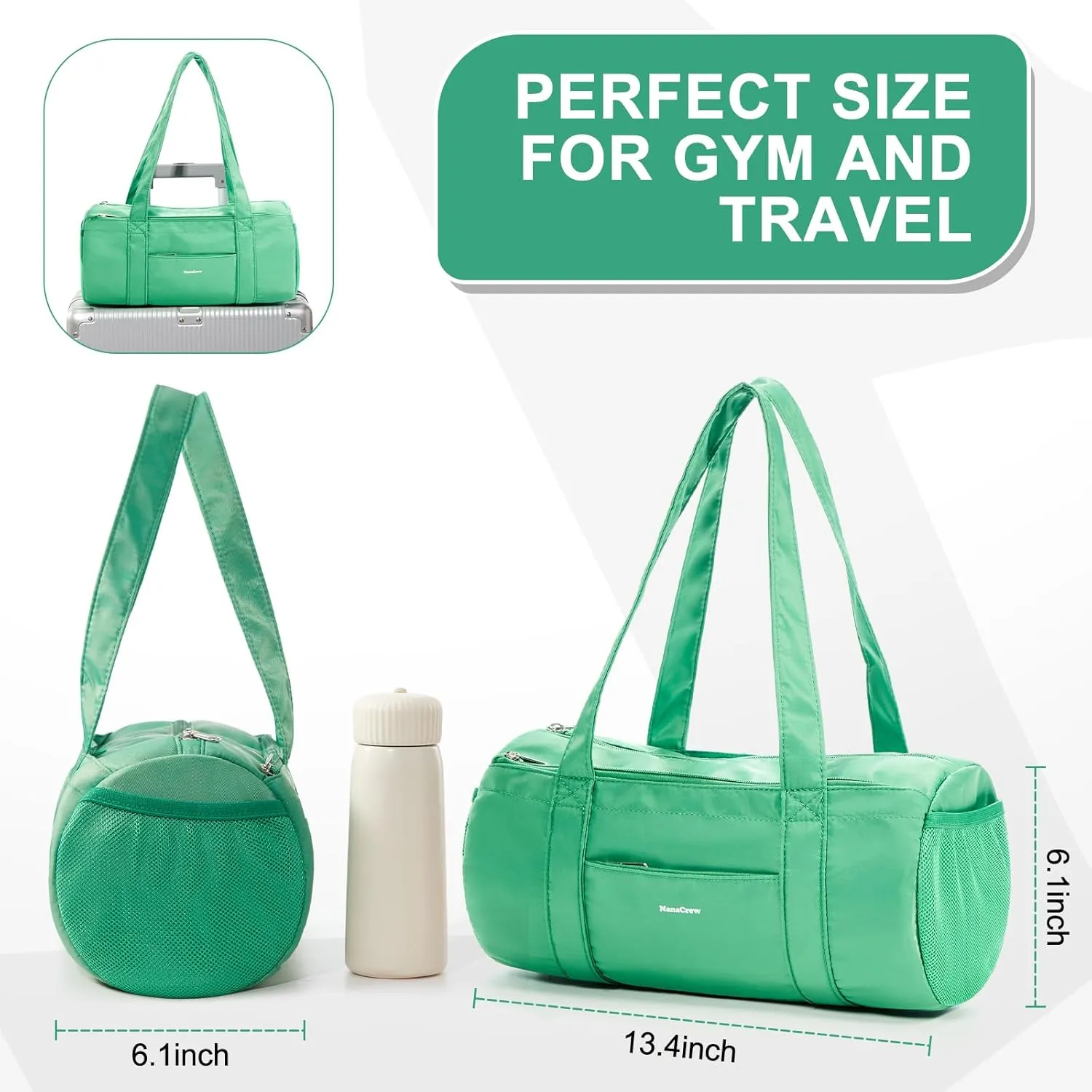 Mini Duffle Bag 13.78” Small Gym Bag, Lightweight Carry On Weekender Overnight Bag for Women Travel, Sport, Easy Daily Outings, 13.78"x6.7"x6.7", Green
