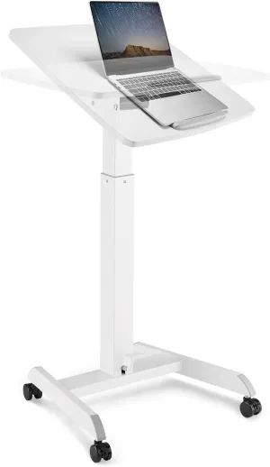 Mobile Podium - Pneumatic Standing Desk with 30 Degree Tilting Top, Adjustable Podium Stand, Lectern Portable with Wheels, Perfect for Lectures, Meetings, and Computer Use, White