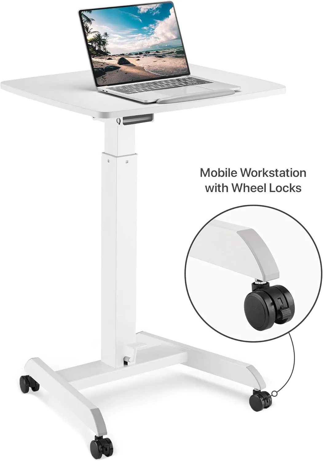 Mobile Podium - Pneumatic Standing Desk with 30 Degree Tilting Top, Adjustable Podium Stand, Lectern Portable with Wheels, Perfect for Lectures, Meetings, and Computer Use, White