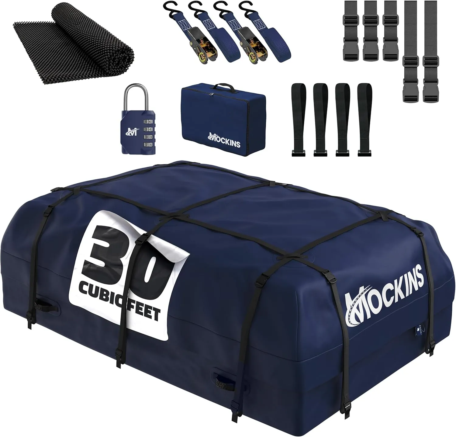 Mockins 30 CuFt Navy Waterproof Rooftop Cargo Bag For Use With or Without Roof Rack | 60"x43"x20" Vinyl Car Rooftop Cargo Carrier Bag | Car Topper Luggage Carrier Waterproof Set w/Straps, Hooks & More