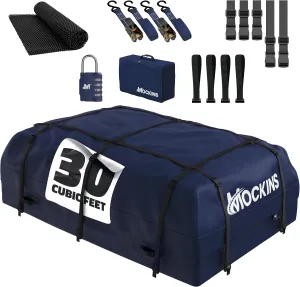 Mockins 30 CuFt Navy Waterproof Rooftop Cargo Bag For Use With or Without Roof Rack | 60"x43"x20" Vinyl Car Rooftop Cargo Carrier Bag | Car Topper Luggage Carrier Waterproof Set w/Straps, Hooks & More