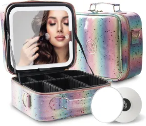 MOMIRA Travel Makeup Bag Cosmetic Bag with Lighted Mirror, Adjustable Brightness in 3 Color Scenarios/Detachable makeup mirror, 2024-All-round Upgrade, Waterproof, Gift for Women -Glett Rainbow
