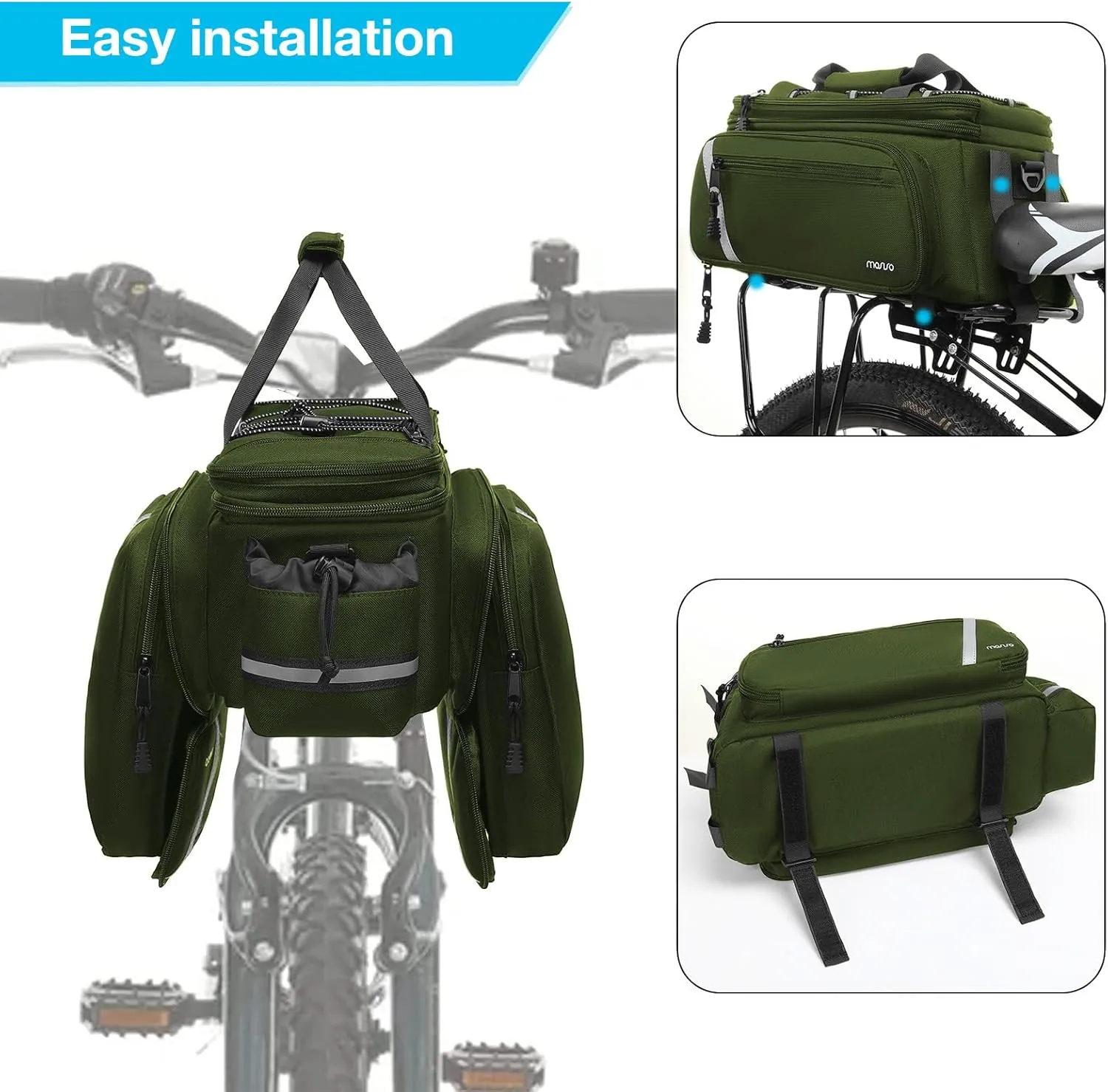 MOSISO Bike Rack Bag with Rain Cover, Bike Trunk Cooler Handag Insulated Bicycle Rear Seat Pouch with 2 Side Foldable Panniers, 8L Cycling Backseat Storage Cargo Saddle Shoulder Bag, Army Green