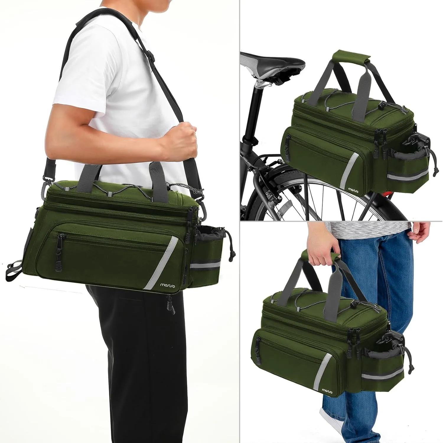 MOSISO Bike Rack Bag with Rain Cover, Bike Trunk Cooler Handag Insulated Bicycle Rear Seat Pouch with 2 Side Foldable Panniers, 8L Cycling Backseat Storage Cargo Saddle Shoulder Bag, Army Green