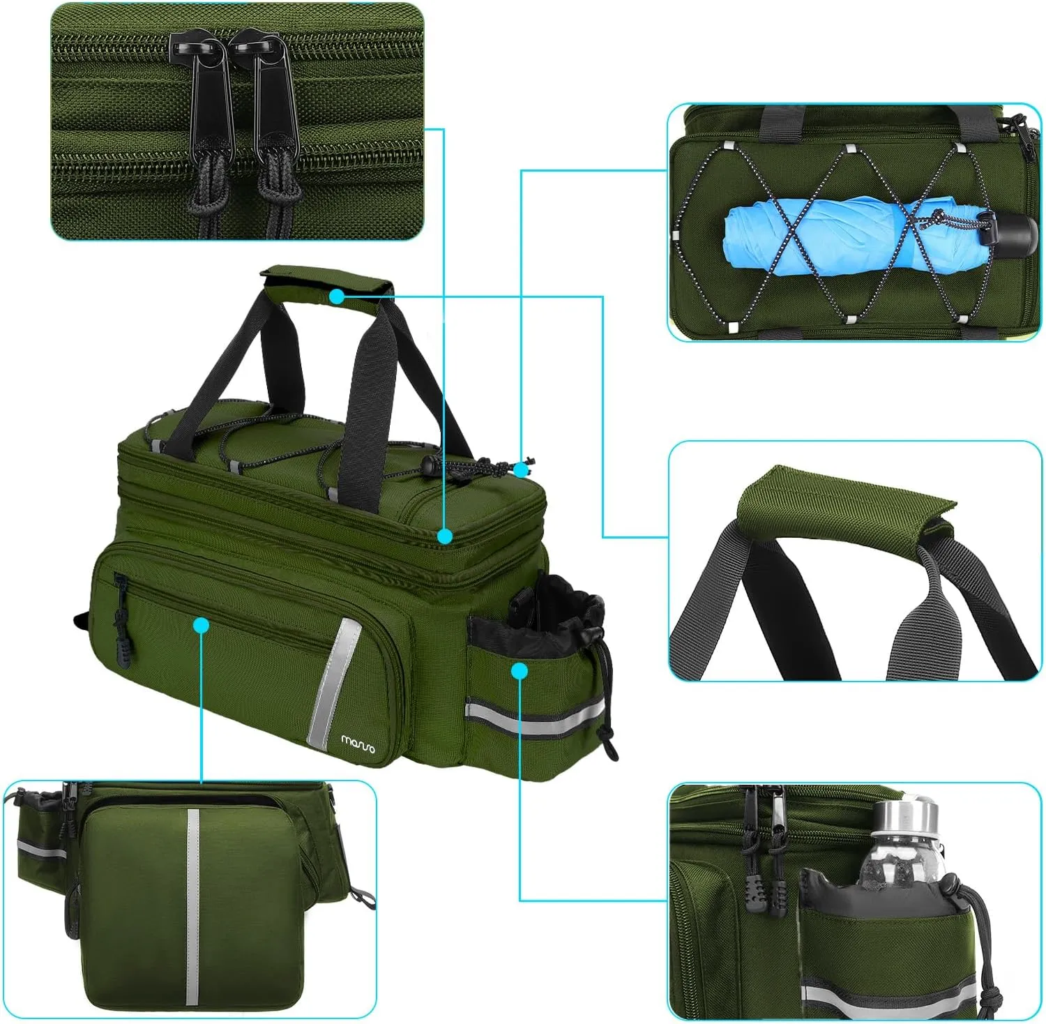 MOSISO Bike Rack Bag with Rain Cover, Bike Trunk Cooler Handag Insulated Bicycle Rear Seat Pouch with 2 Side Foldable Panniers, 8L Cycling Backseat Storage Cargo Saddle Shoulder Bag, Army Green