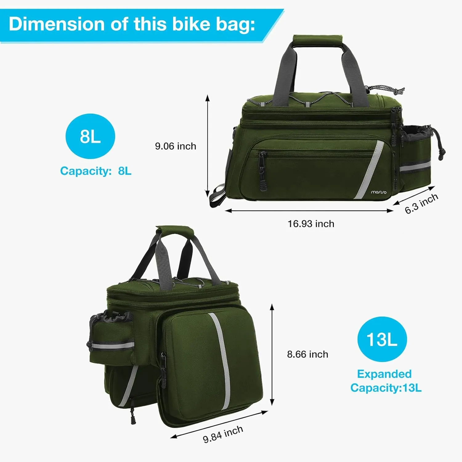 MOSISO Bike Rack Bag with Rain Cover, Bike Trunk Cooler Handag Insulated Bicycle Rear Seat Pouch with 2 Side Foldable Panniers, 8L Cycling Backseat Storage Cargo Saddle Shoulder Bag, Army Green