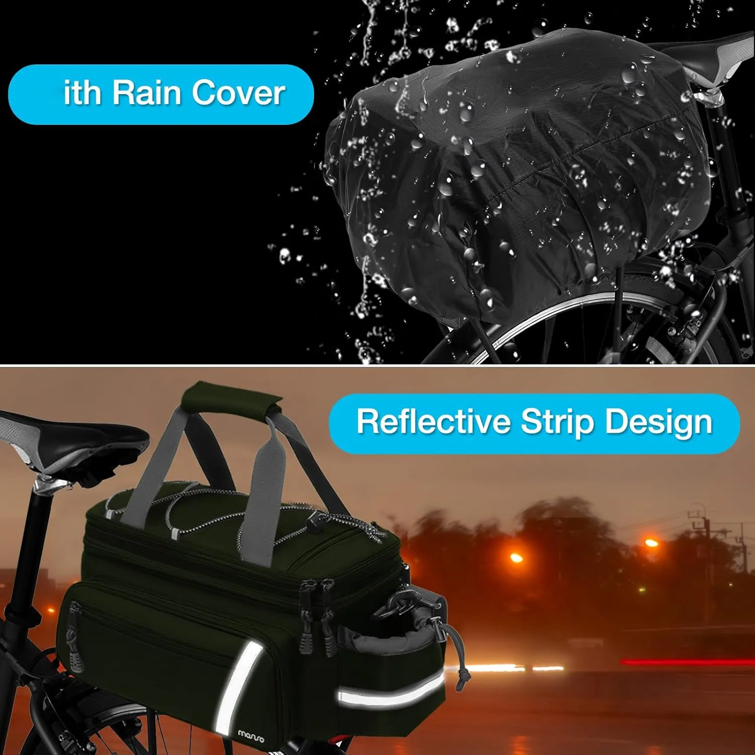 MOSISO Bike Rack Bag with Rain Cover, Bike Trunk Cooler Handag Insulated Bicycle Rear Seat Pouch with 2 Side Foldable Panniers, 8L Cycling Backseat Storage Cargo Saddle Shoulder Bag, Army Green