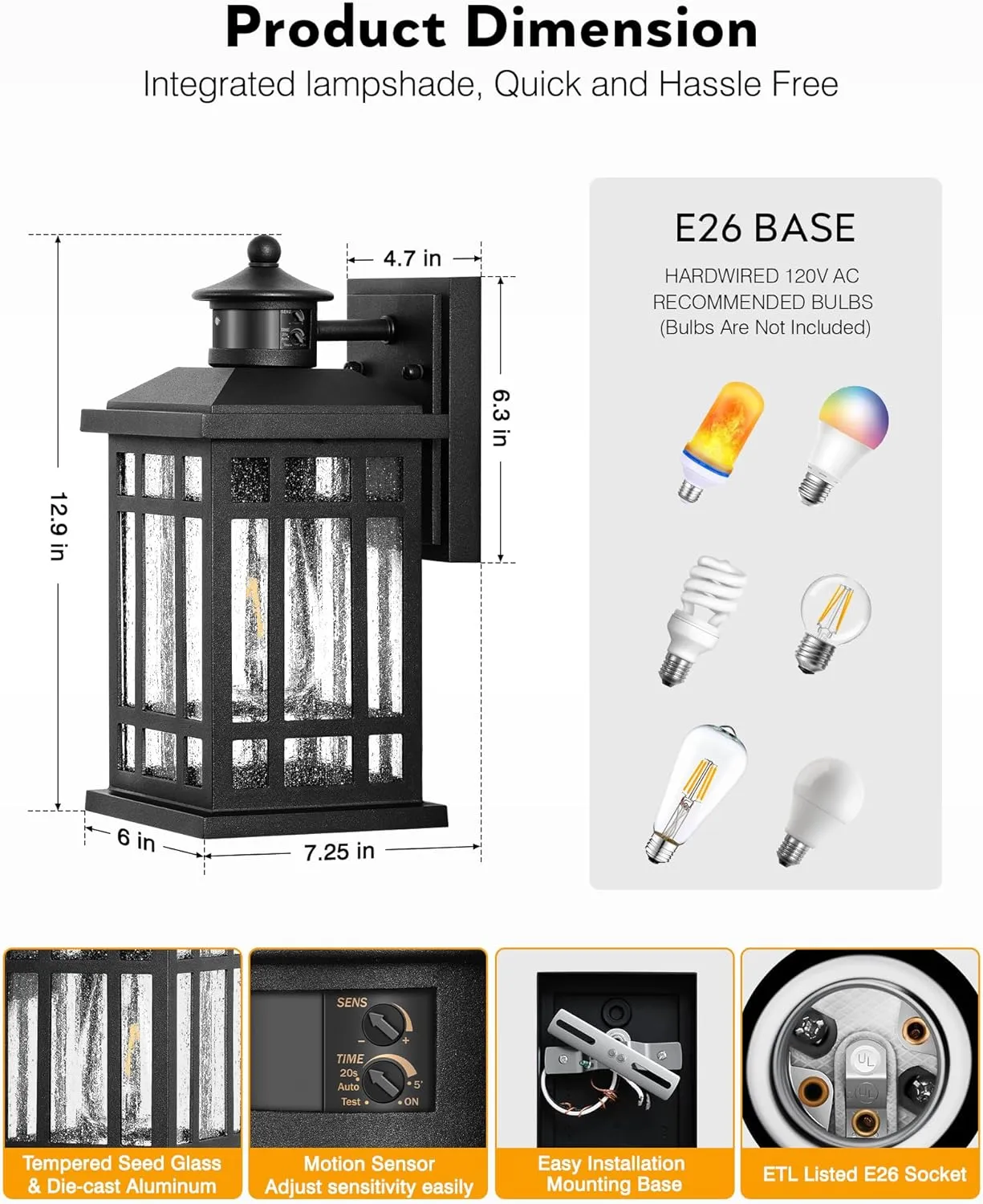 Motion Sensor Outdoor Wall Light, Adjustable Sensing Range Outside Lights for House, Black Dawn to Dusk Sconce Lights for Patio, Anti-Rust Waterproof Porch Lantern Wall Mount with Bubble Glass