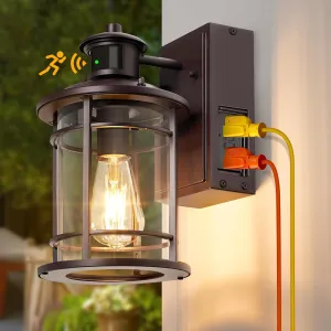 Motion Sensor Outdoor Wall Light Fixtures, Dusk to Dawn Porch Light with GFCI Outlet, 3 Modes Waterproof Exterior Lighting Fixture Wall Mounted, Anti-Rust Brown Outside Lights for House Garage Patio
