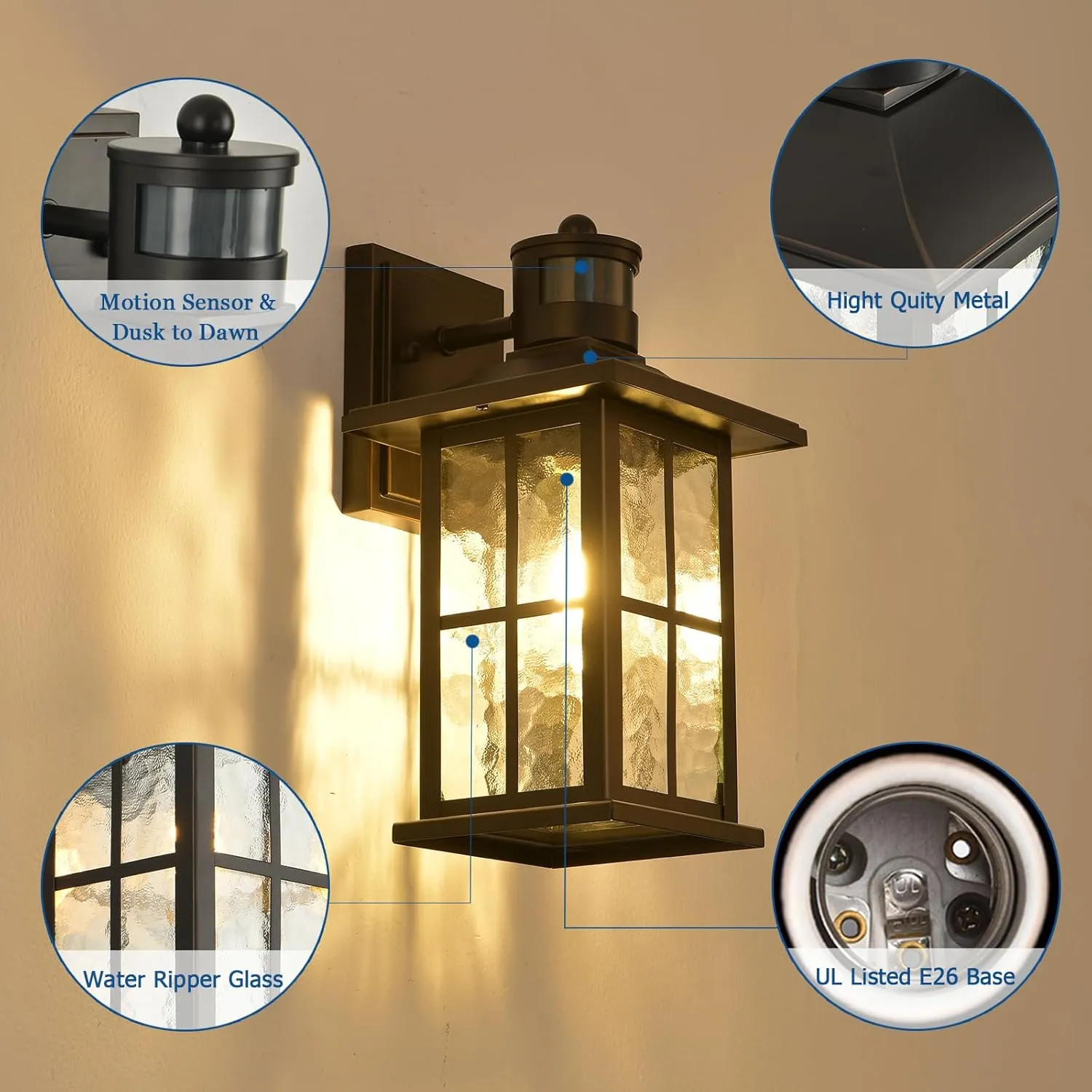 Motion Sensor Porch Light Dusk to Dawn Outdoor Wall Lantern Black Exterior Sconce Lighting Fixtures Modern Outside Wall Mount Coach Lamp for House Garage Patio Front Door