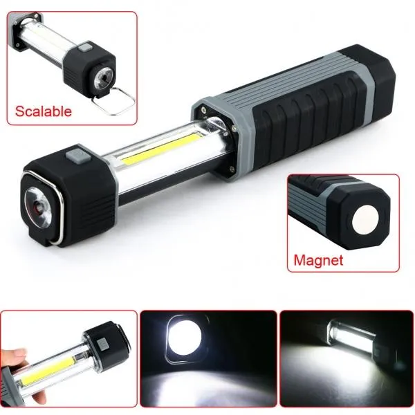 Multifunction COB LED Stretchable Flashlight Camping Light w/ Magnet Black