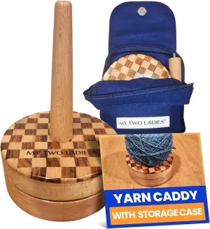 My Two Ladies | Artisan Yarn Caddy & Premium Storage Bag | Wooden Yarn Caddy Spinner & Dispenser for Knitting & Crocheting | Portable Stand for Skeins, Balls & Cakes | Multi-Wood