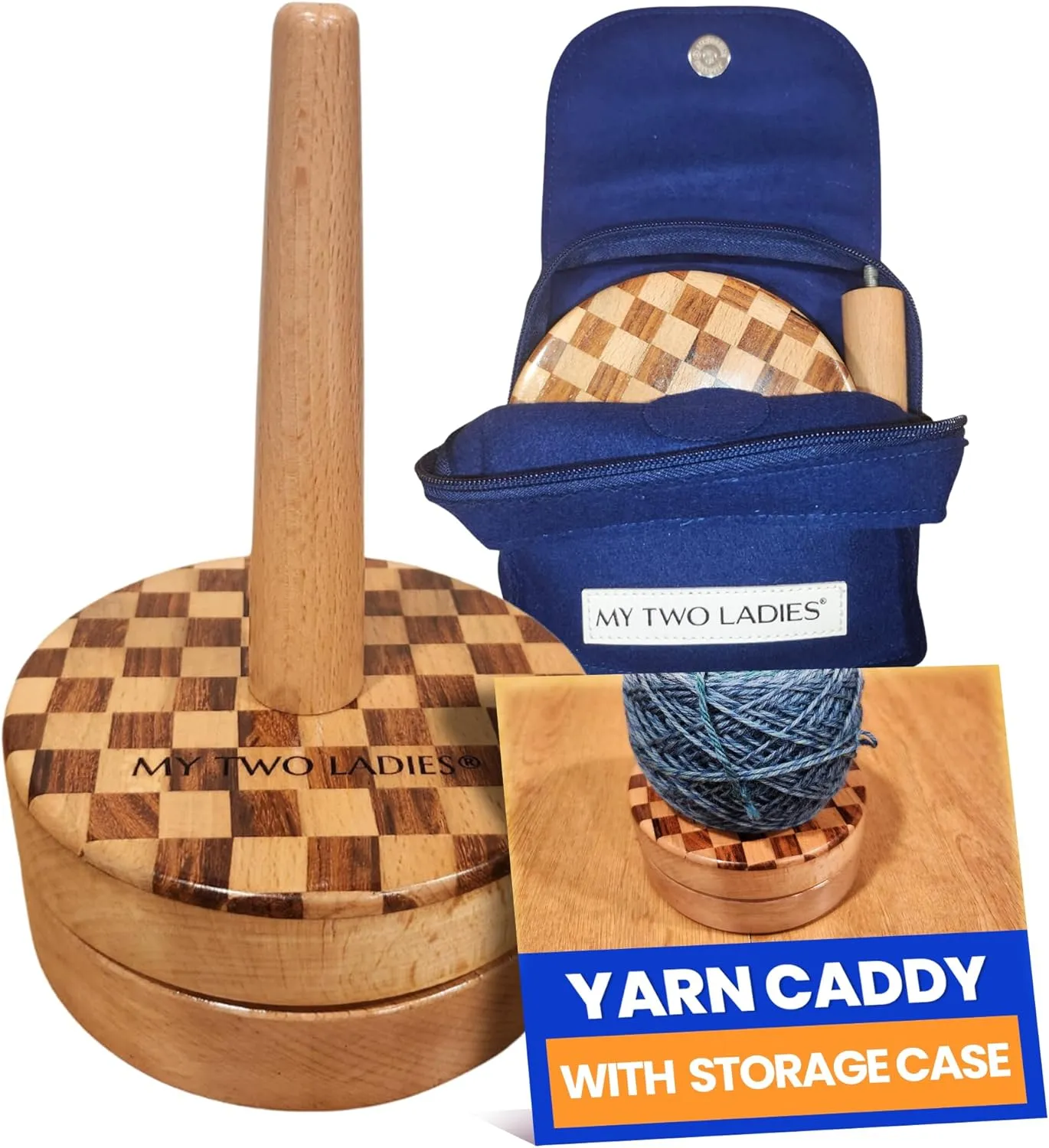 My Two Ladies | Artisan Yarn Caddy & Premium Storage Bag | Wooden Yarn Caddy Spinner & Dispenser for Knitting & Crocheting | Portable Stand for Skeins, Balls & Cakes | Multi-Wood