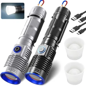 NAKCNM Rechargeable Flashlights High Lumens, 2 Pack 2500 Lumens 4 Modes, Small Magnetic Flashlight Pocket with Clip & Diffuser, Handheld Flashlight Lantern for Camping(Black&Silver)