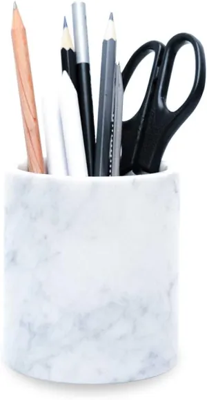 Natural Marble Pencil Pen Holder Stand for Desk, Makeup Brush Cup for Girls, Bathroom Tumbler Cup, Durable Office & Home Organizer Pencil Holder (White)