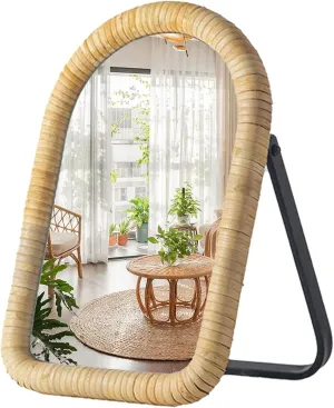 Natural Rattan Mirror Boho Vanity Desk Arched Mirror, Vintage Makeup Mirror with Metal Stand, Portable Small Standing Countertop Mirror for Dresser,Tabletop, Bathroom,Bedroom,Living Room,Office