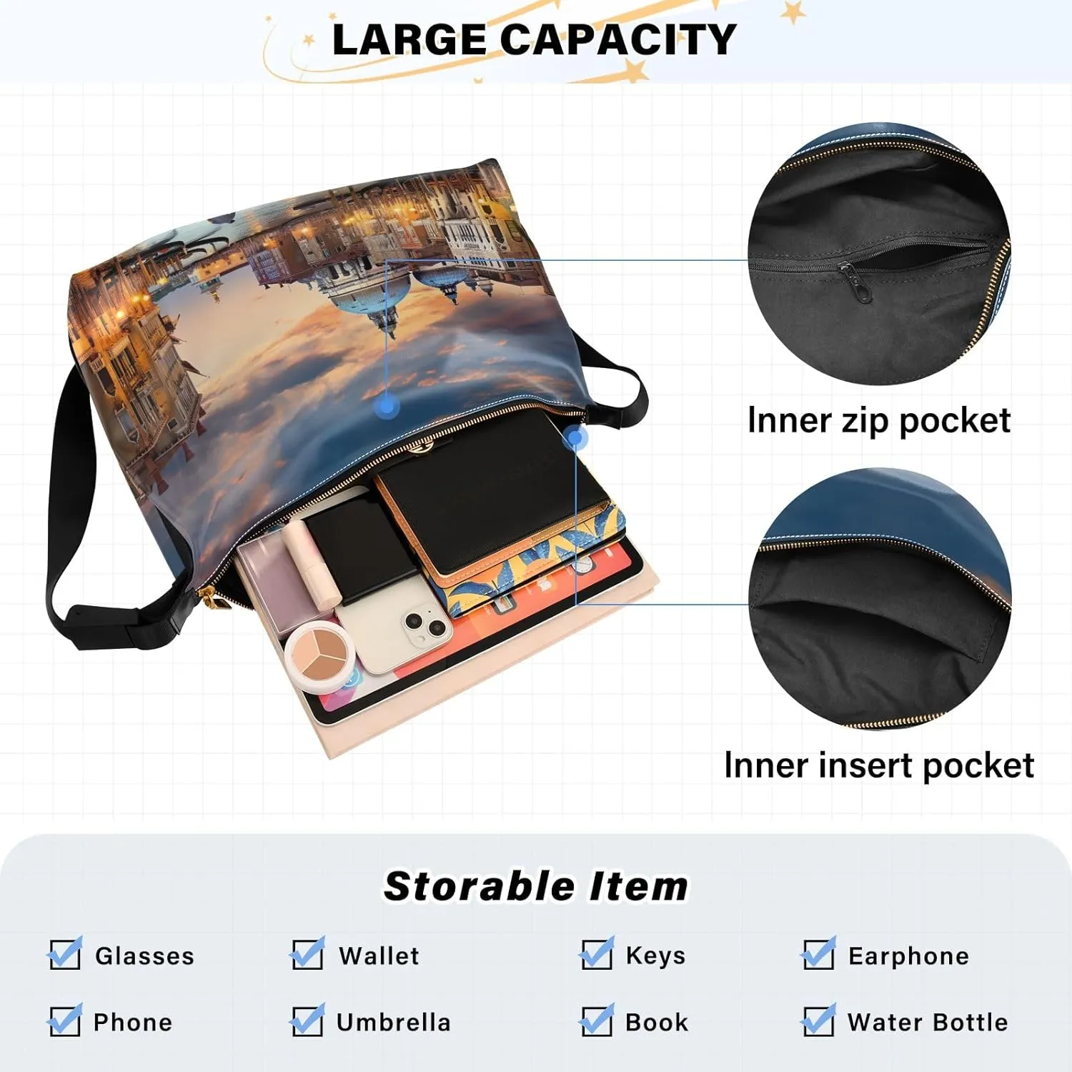Nebula and Stars Lightweight Shoulder Hobo Bag, Leather Crossbody Bag, Mens Leather Crossbody Bag
