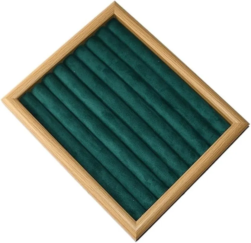Necklace Display Holder Dark Green Wooden Jewelry Rack Ring Tray Bracelet Earring Staple Earrings Storage Jewellery Stand Holder(Medium)