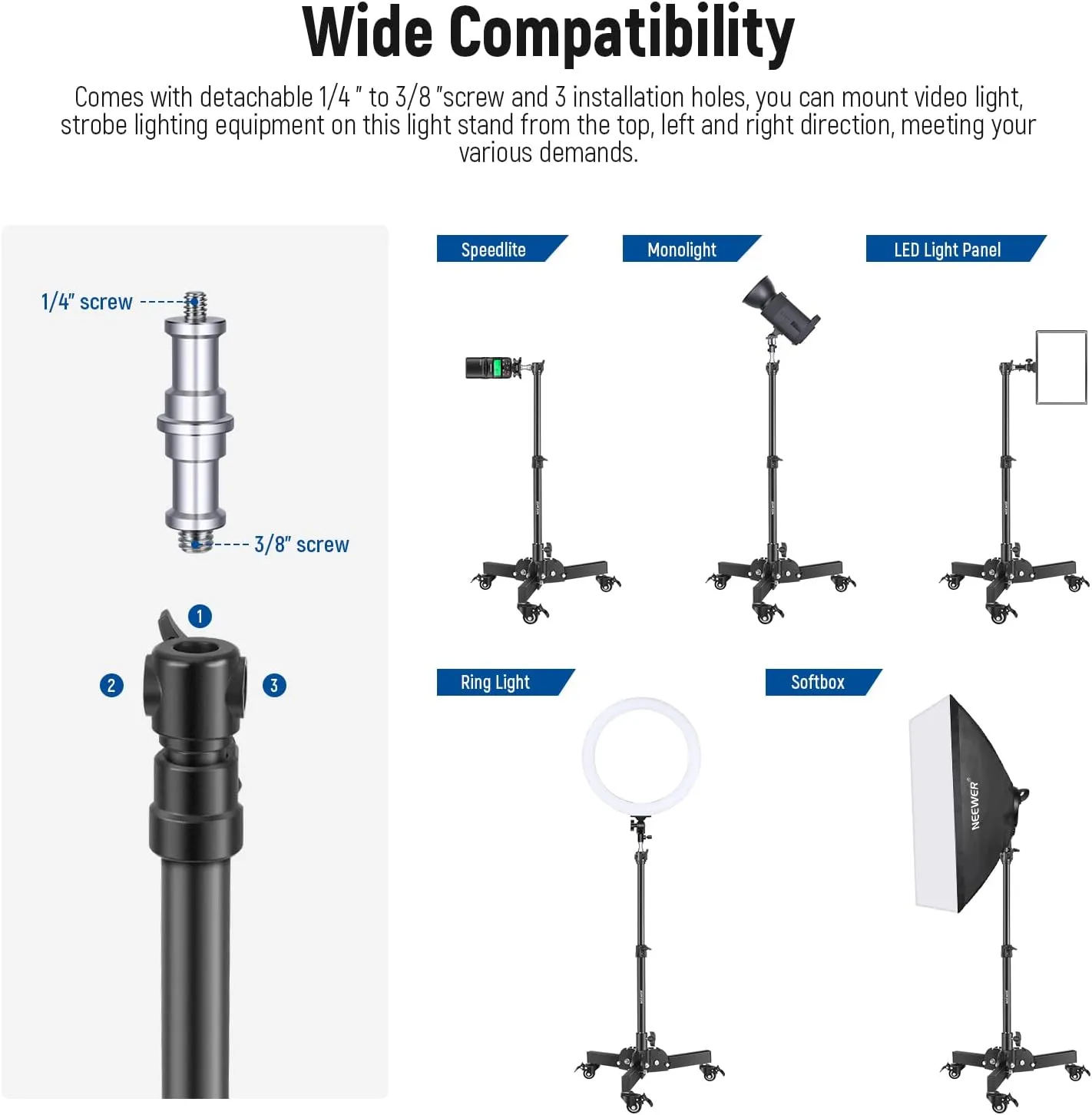 NEEWER Heavy Duty Light Stand with Casters, 2.4ft Max Height Foldable Tripod Stand for Low-Angle/Tabletop Shooting, Photography Light Stand for Softbox, Monolight and Other Photographic Equipment