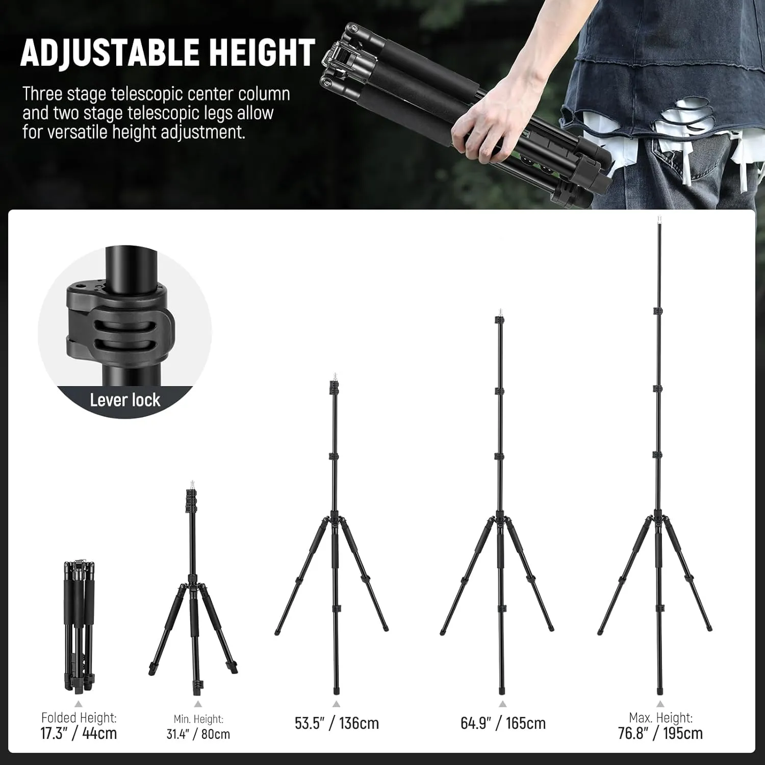 NEEWER Photography Light Stand, 1.5-6.4ft/47-195cm Aluminum Reversible Studio Lighting Tripod, Portable Phone Video Stand w/ 1/4" Screw for Strobe Light Camera Softbox, 6.6lb/3kg Load, ST195