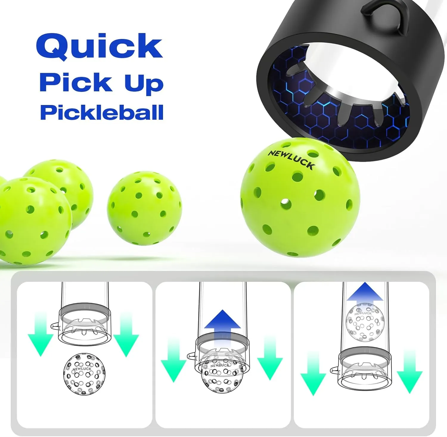 Newluck Multi-Functional Pickleball Ball Picker, Quick Collection, Adjustable Length for All Ages, Back and Knee Protection, Lightweight and Portable