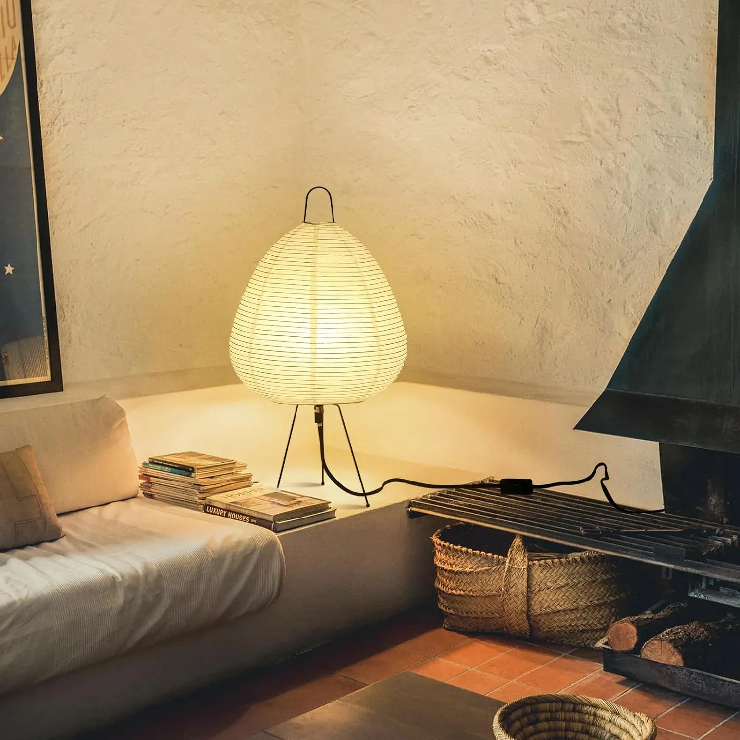 Noguchi Table Lamp, Japanese Paper Lamp, Handmade Rice Paper Akari Floor Lamp for Bedroom or Living Room, 3 Color Dimmable Desk Lamp Style Design (Bulb Included)