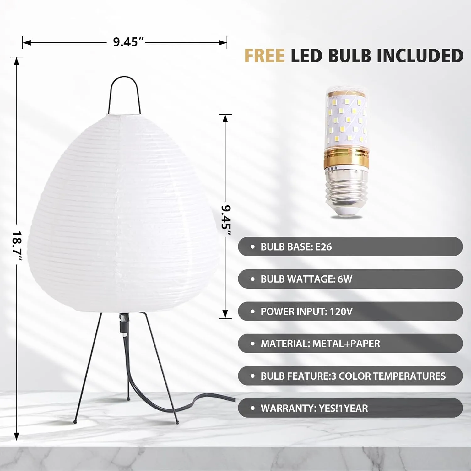 Noguchi Table Lamp, Japanese Paper Lamp, Handmade Rice Paper Akari Floor Lamp for Bedroom or Living Room, 3 Color Dimmable Desk Lamp Style Design (Bulb Included)