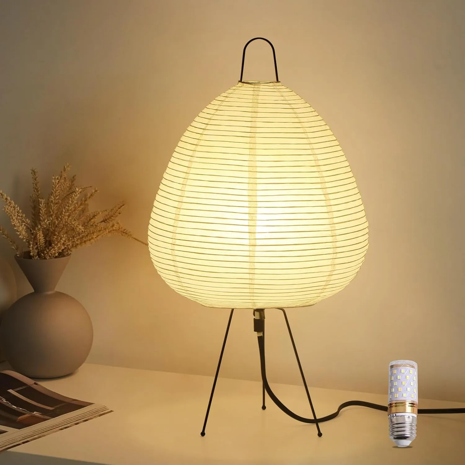 Noguchi Table Lamp, Japanese Paper Lamp, Handmade Rice Paper Akari Floor Lamp for Bedroom or Living Room, 3 Color Dimmable Desk Lamp Style Design (Bulb Included)