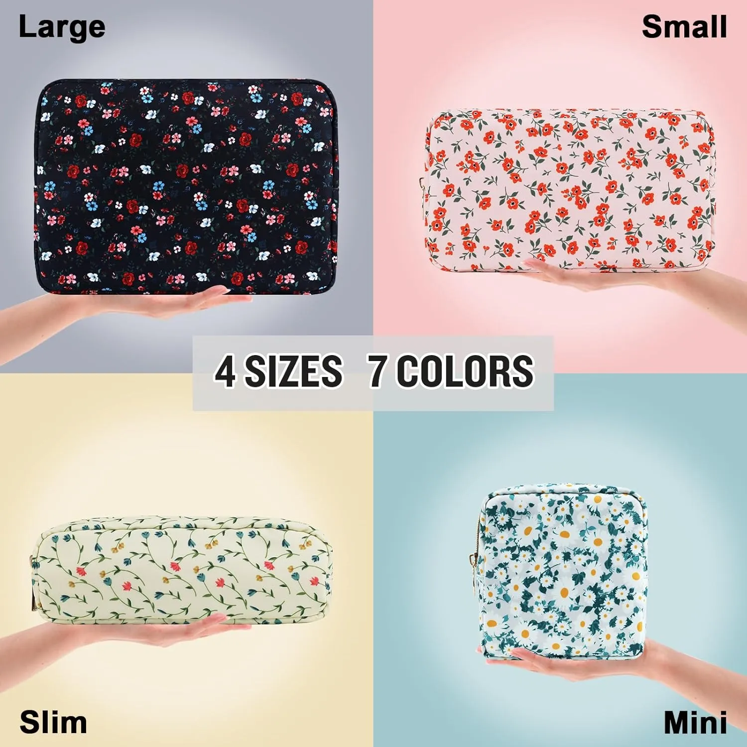 Nylon Small Floral Makeup Bag for Purse, Cute Preppy Makeup Bag Cosmetic Zipper Pouch Purse, Waterproof Portable Travel Set Toiletry Bag Make Up Brush Bag Organizer Storage for Women(Navy Blue-Flower)