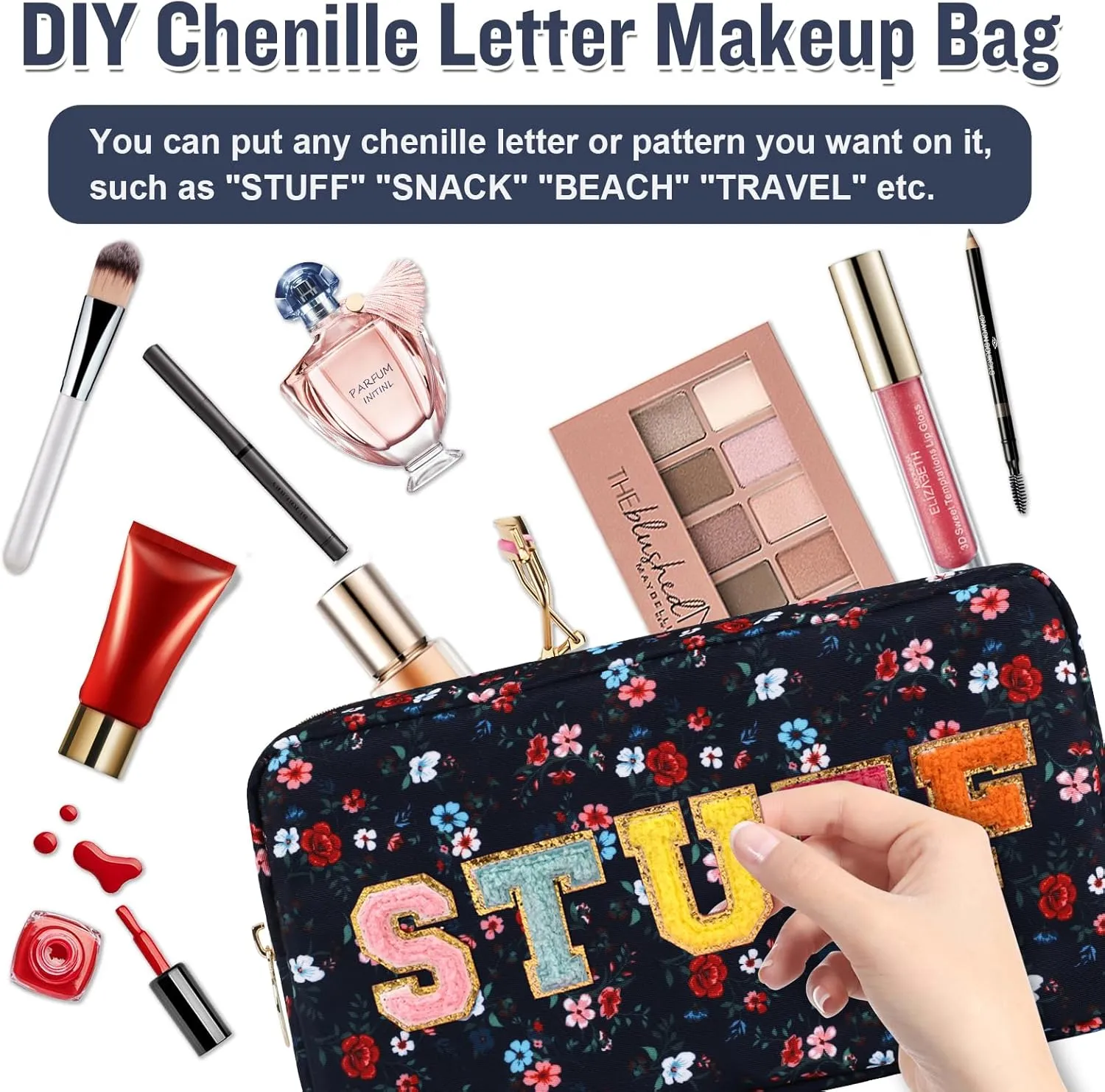 Nylon Small Floral Makeup Bag for Purse, Cute Preppy Makeup Bag Cosmetic Zipper Pouch Purse, Waterproof Portable Travel Set Toiletry Bag Make Up Brush Bag Organizer Storage for Women(Navy Blue-Flower)