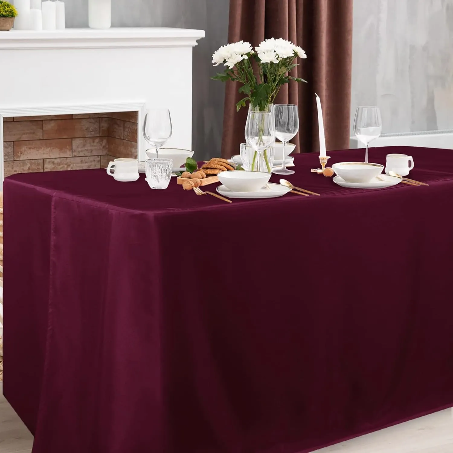 Obstal 2 Pack Fitted Table Covers for 4 Foot Tables - Water Resistant Washable Fabric Polyester Rectangle Table Cover Protector for Wedding, Banquet and Trade Shows, 48L x 24W x 30H Inches, Burgundy