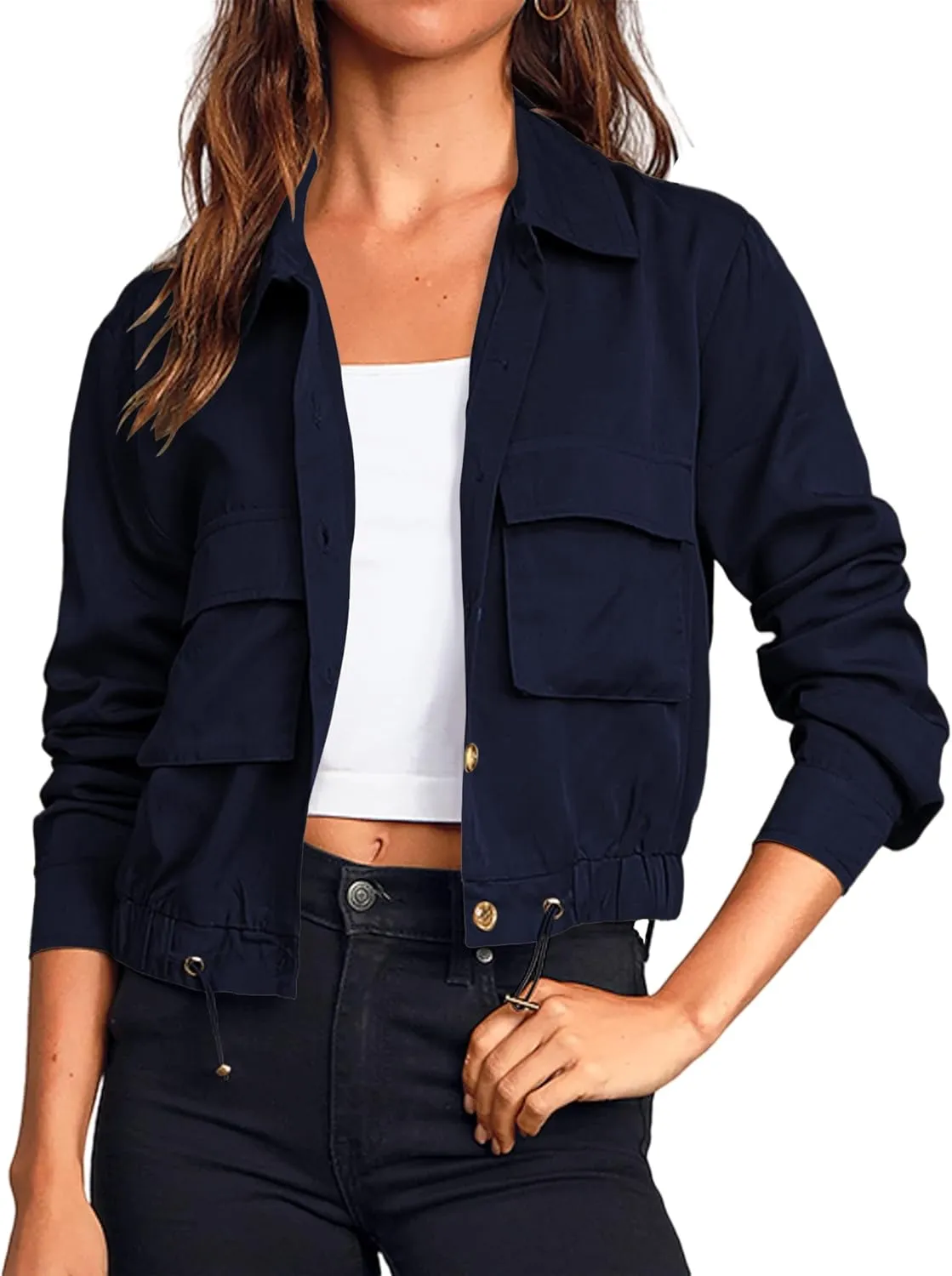 Onedreamer Women's Military Safari Cropped Jackets Button Down Lightweight Oversized Utility Anorak Coat with Pockets