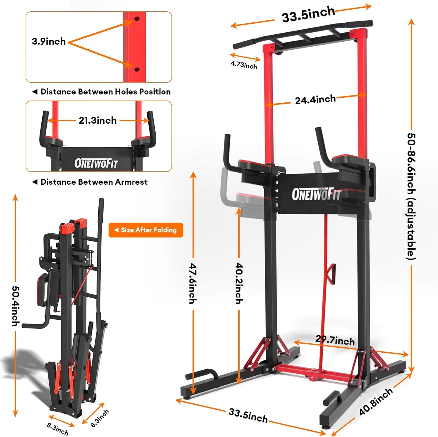 ONETWOFIT Foldable Power Tower Pull Up Bar Station Assistive Trainer Multi-Function Adjustable Dip Station for Home Gym Workout, Heavy Duty Strength Training Fitness Equipment Pull Up Stand