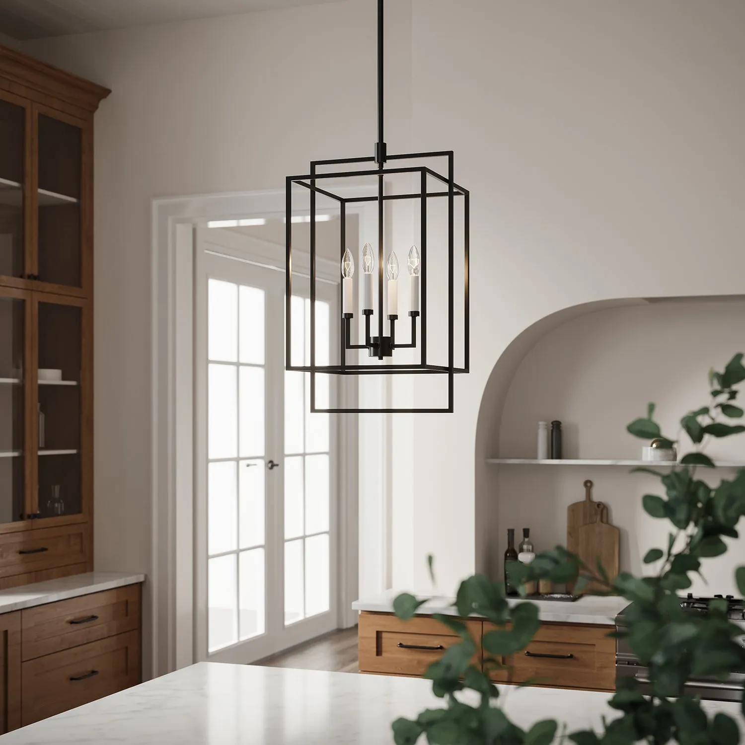 Open Box Noa 4 Light Pendant, Matte Black with White