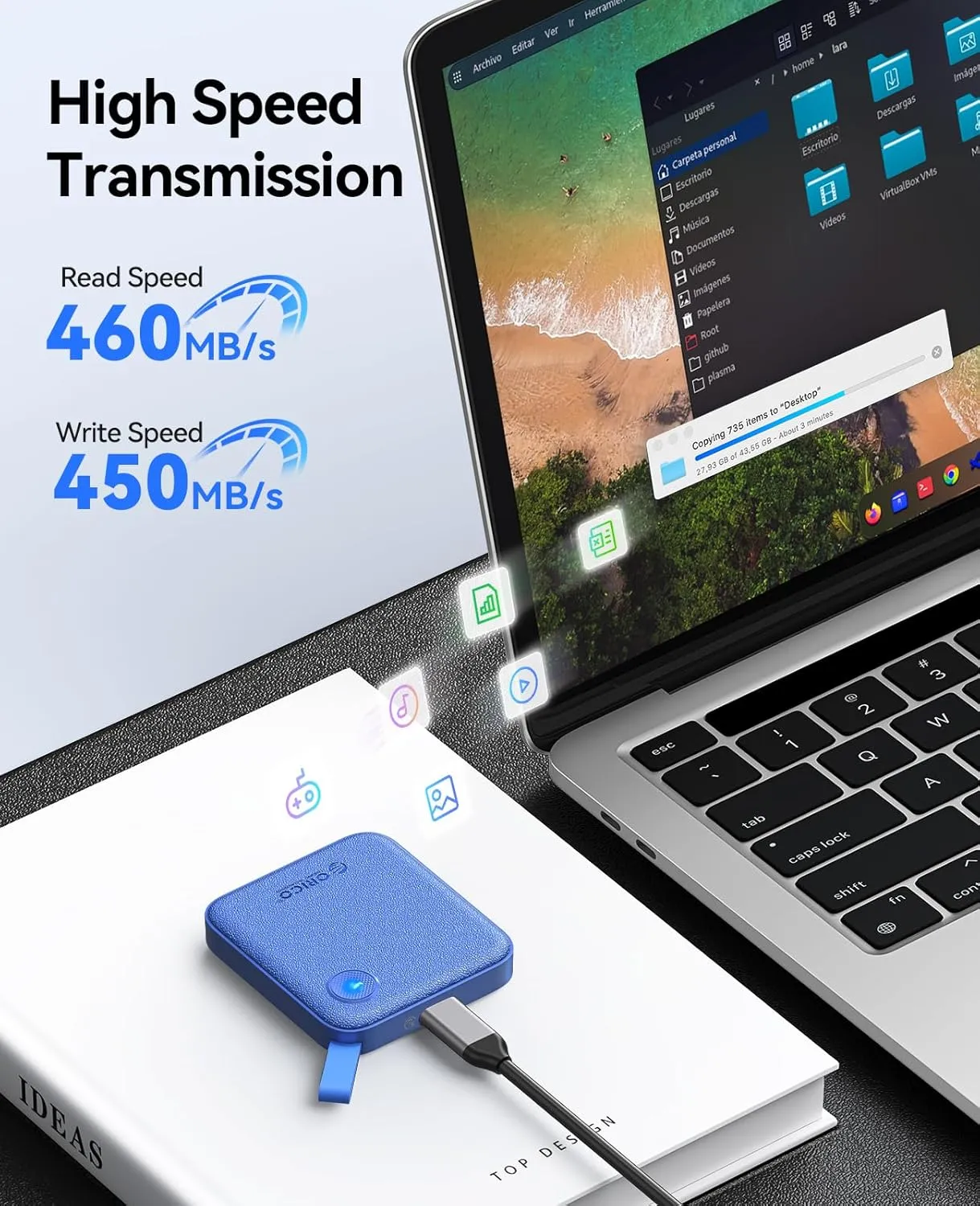 ORICO Portable SSD 4 TB with 2 in 1 USB C Cable, External Solid State Drives, Up to 460MB/s, Status Indicator, Reliable Storage for USB-C Smartphone, PC - B5PLUS(Blue)