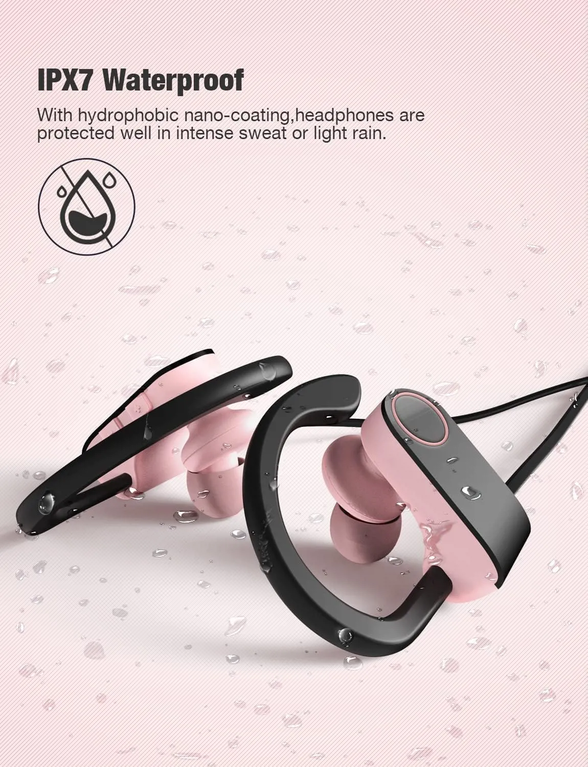 Otium Bluetooth Headphones, Wireless Headphones IPX7 Waterproof Sports Earbuds 15H Playtime with Mic HD Stereo Sound Sweatproof in-Ear Earphoones Noise Cancelling Headsets Gym Running Workout Pink
