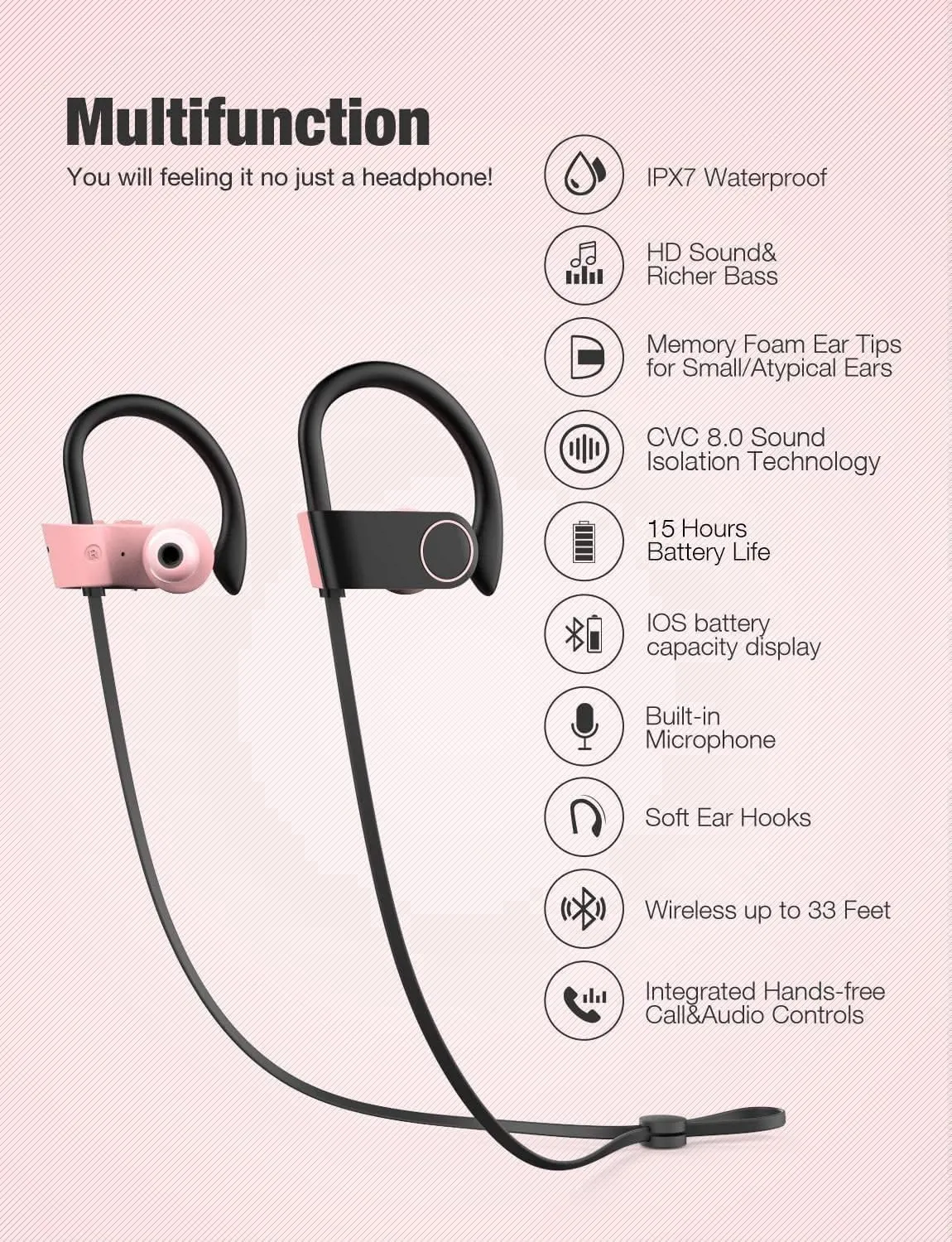 Otium Bluetooth Headphones, Wireless Headphones IPX7 Waterproof Sports Earbuds 15H Playtime with Mic HD Stereo Sound Sweatproof in-Ear Earphoones Noise Cancelling Headsets Gym Running Workout Pink