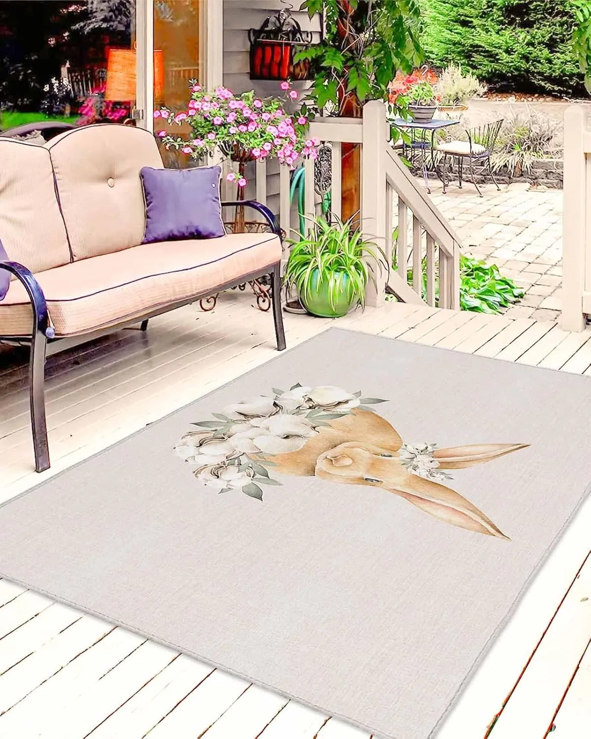 Outdoor Area Rugs for Patio 6x9FT, Easter Rabbit Bunny Cotton Retro Background Entryway Rug Carpet Doormat, Large Floor Mat for Porch, Backyard, Apartment Balcony, Deck, Beach