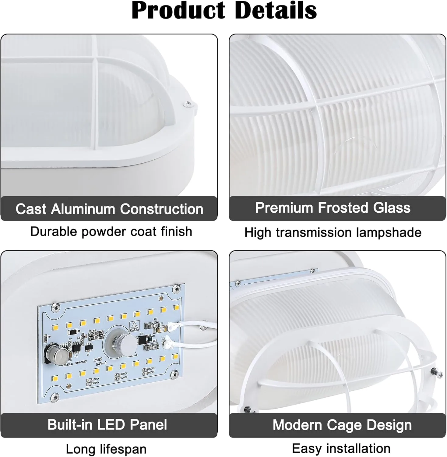 Outdoor LED Bulkhead Light Worked as Outdoor Flush Mount Ceiling Light, Wall Lantern, 6W 520Lumens 5000K Daylight, Dimmable, Aluminum Housing, White, 2 Pack