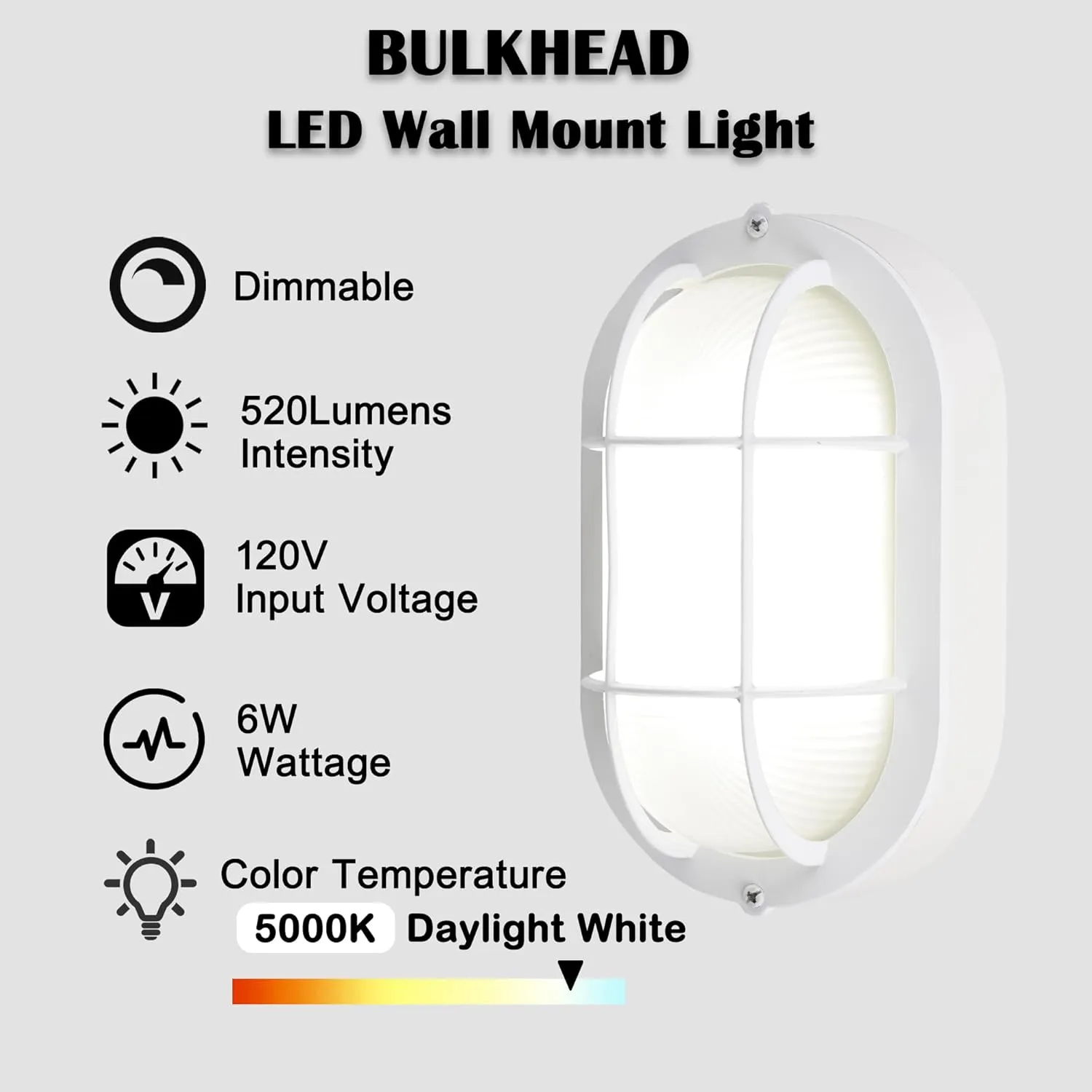 Outdoor LED Bulkhead Light Worked as Outdoor Flush Mount Ceiling Light, Wall Lantern, 6W 520Lumens 5000K Daylight, Dimmable, Aluminum Housing, White, 2 Pack