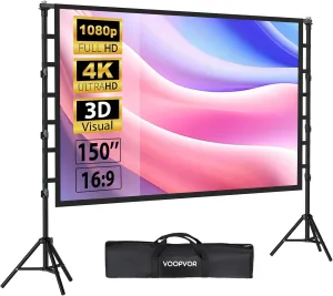 Outdoor Projector Screen with Stand 150 Inch: VOOPVOR Portable Projection Screen and Stand, Indoor Rear Front Movie Screen 16:9 4K HD, with Carry Bag,Support Height Adjustable for Home Theater Camping