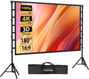 Outdoor Projector Screen with Stand 180 Inch: VOOPVOR Portable Projection Screen and Stand, Indoor Rear Front Movie Screen 16:9 4K HD, with Carry Bag,Support Height Adjustable for Home Theater Camping
