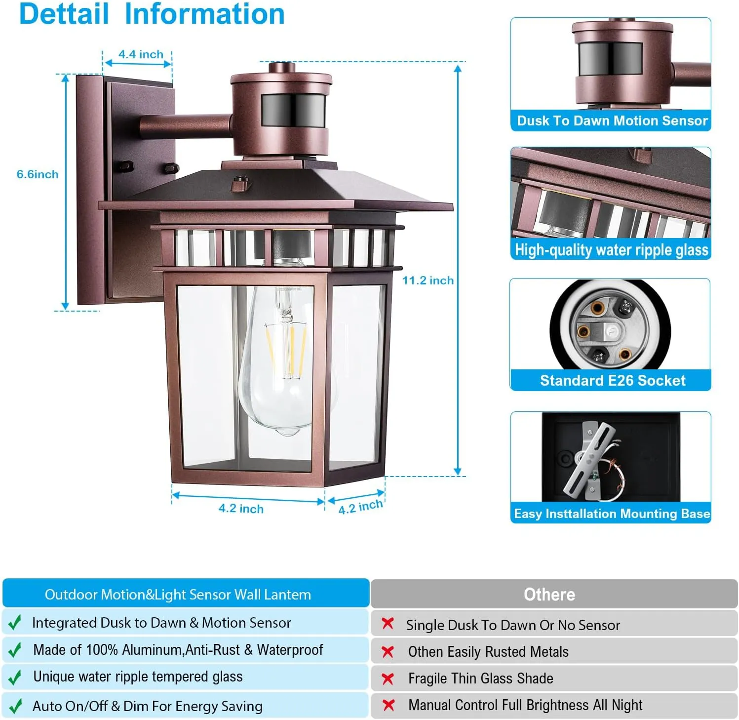 Outdoor Wall-Mounted Motion Sensor Light with Dusk to Dawn Function, Waterproof Anti-Rust Aluminum Exterior Bronze Porch Lighting Fixture for Front Door, Garage, and Entrance Wall